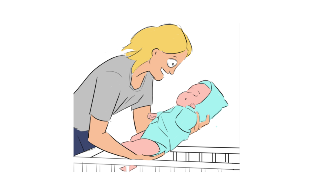 Colored illustration of mom trying to put sleeping baby on the crib on