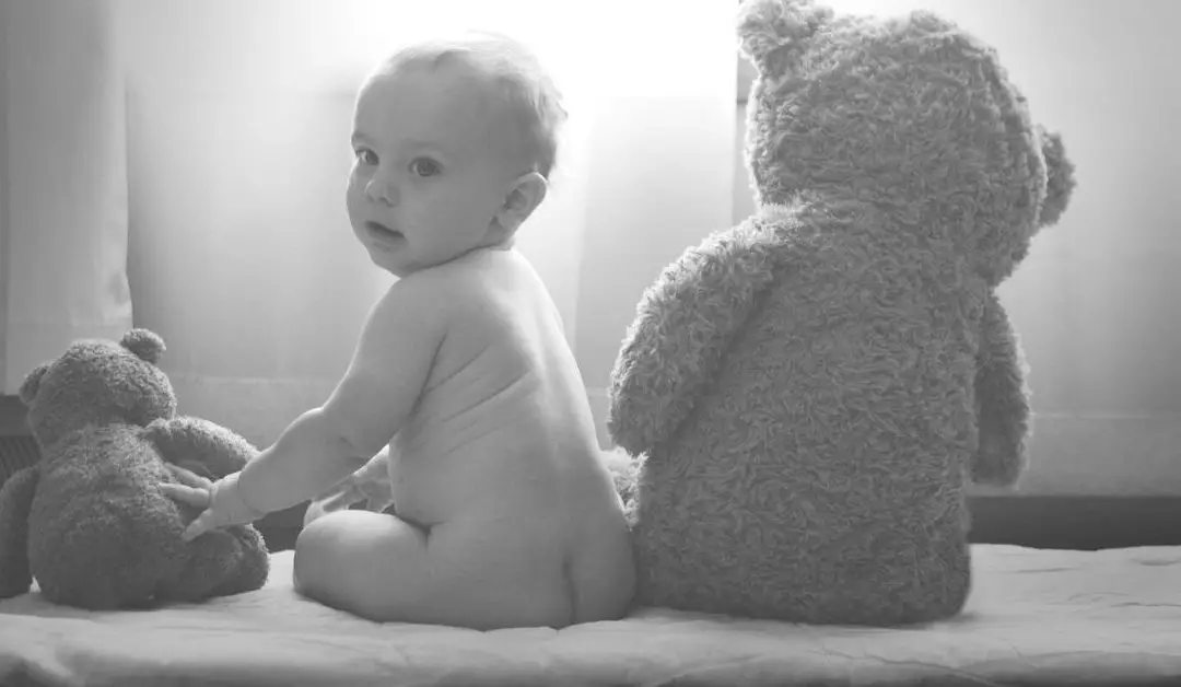 sitting baby with big and small teddy