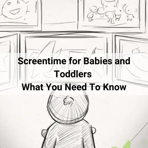 Stencil drawing of a baby watching different cartoons on multiple screens