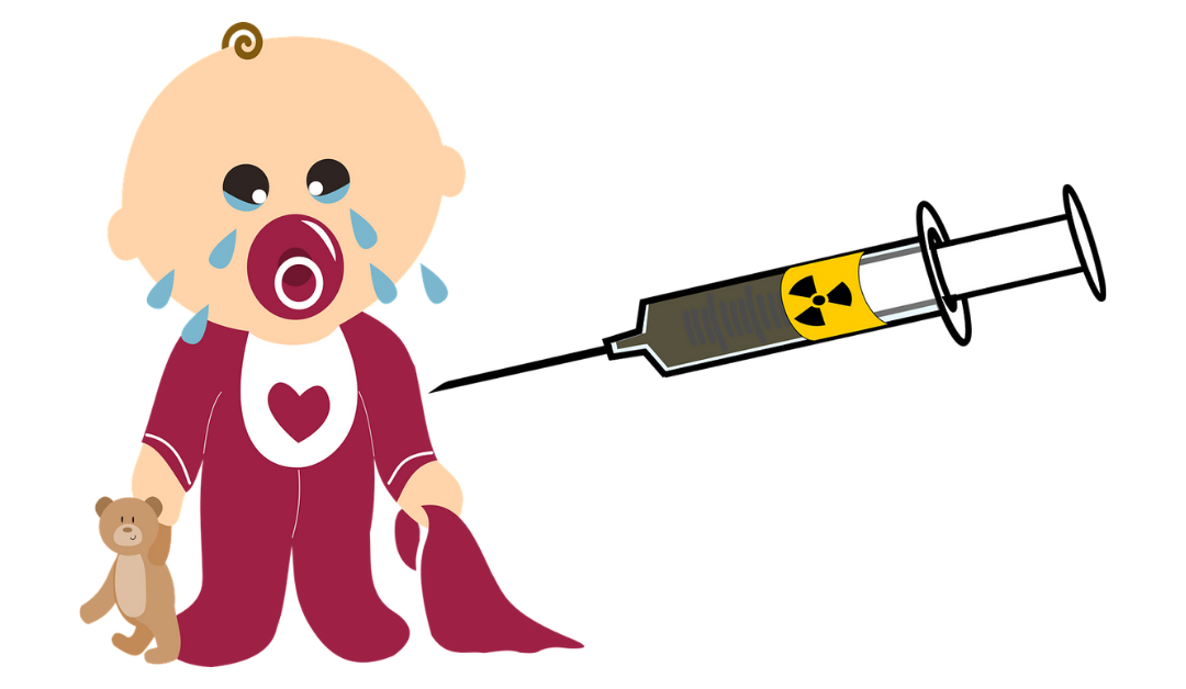 Graphics of a crying baby afraid of a syringe